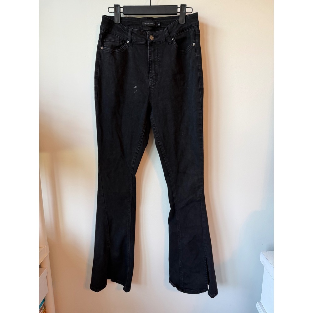 Flying Banana Womens High Waisted Black Flare Jeans Side Slit Size 8M 1119